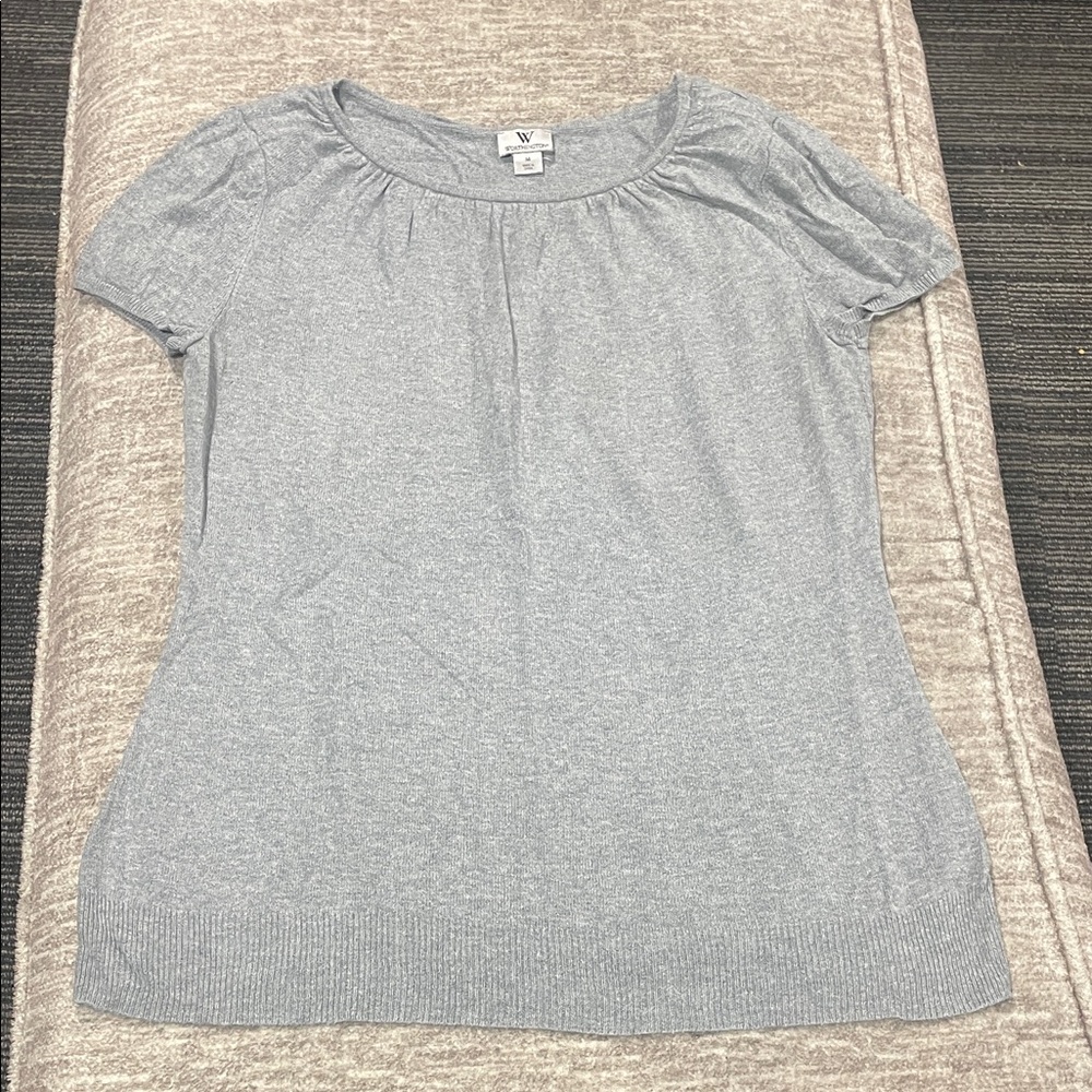 White House Black Market Heather Gray Short Sleeve Gathered Neck Top